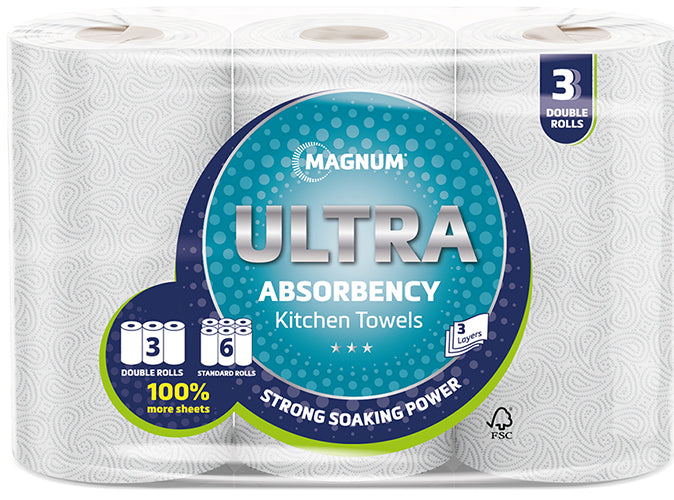 Magnum Ultra Double Kitchen Towel 3-Ply – Pack of 3 Rolls (= 6 Regular Rolls)