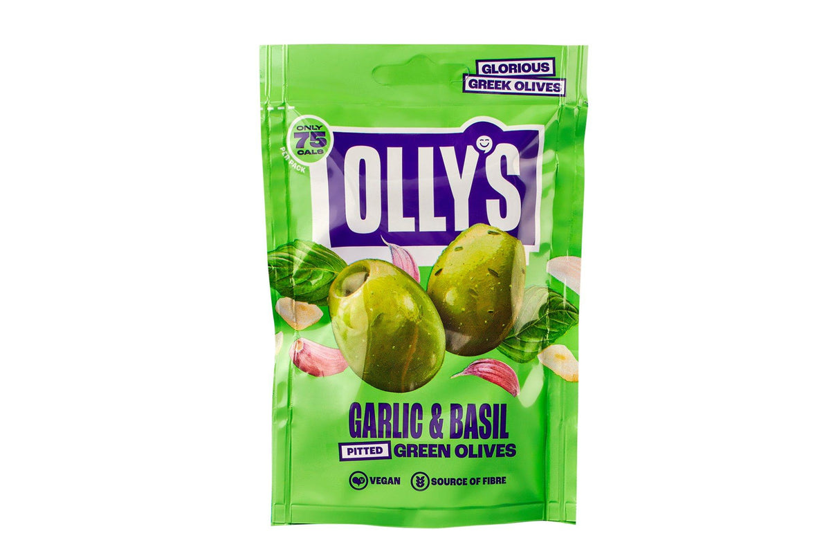 Olly's Garlic & Basil Olives - 50g Pouches (Pack of 12)