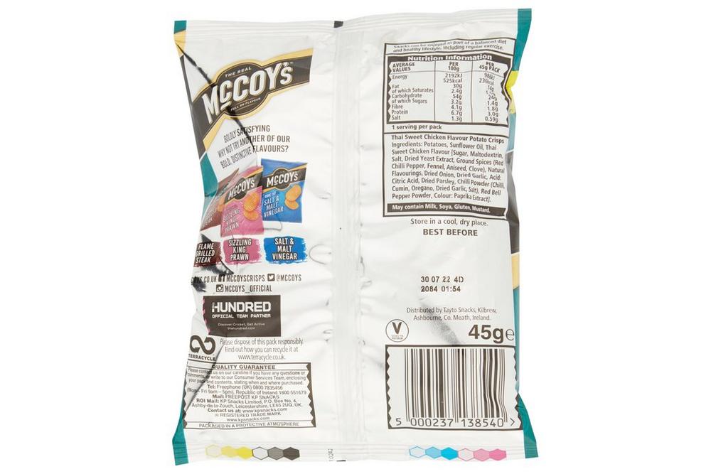 McCoy's Ridge Cut Thai Sweet Chicken Crisps 45g - Box of 36