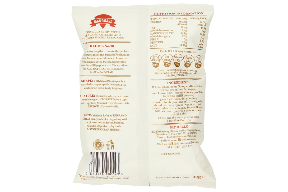 Manomasa Serrano Chilli & Yucatan Honey - Tortilla Chips - 16 x 35g Snack Bags (Gluten Free) - Vending Superstore