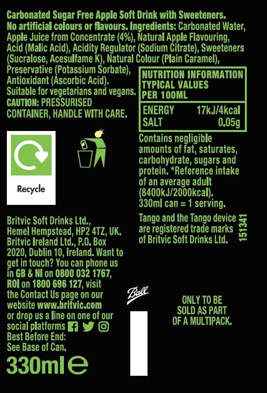 Tango Apple Sugar Free: Soft Drink Cans - 330ml (Pack of 24)