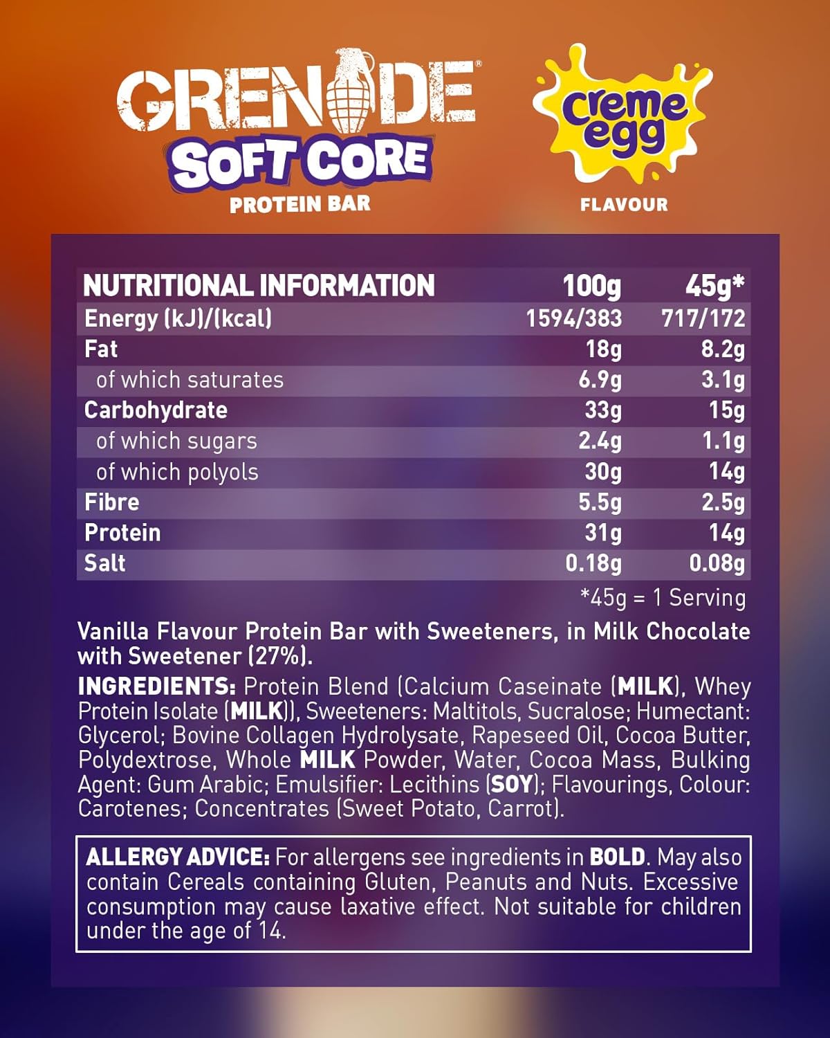 Grenade Soft Core Creme Egg Protein Bar - 45g (Box of 18)