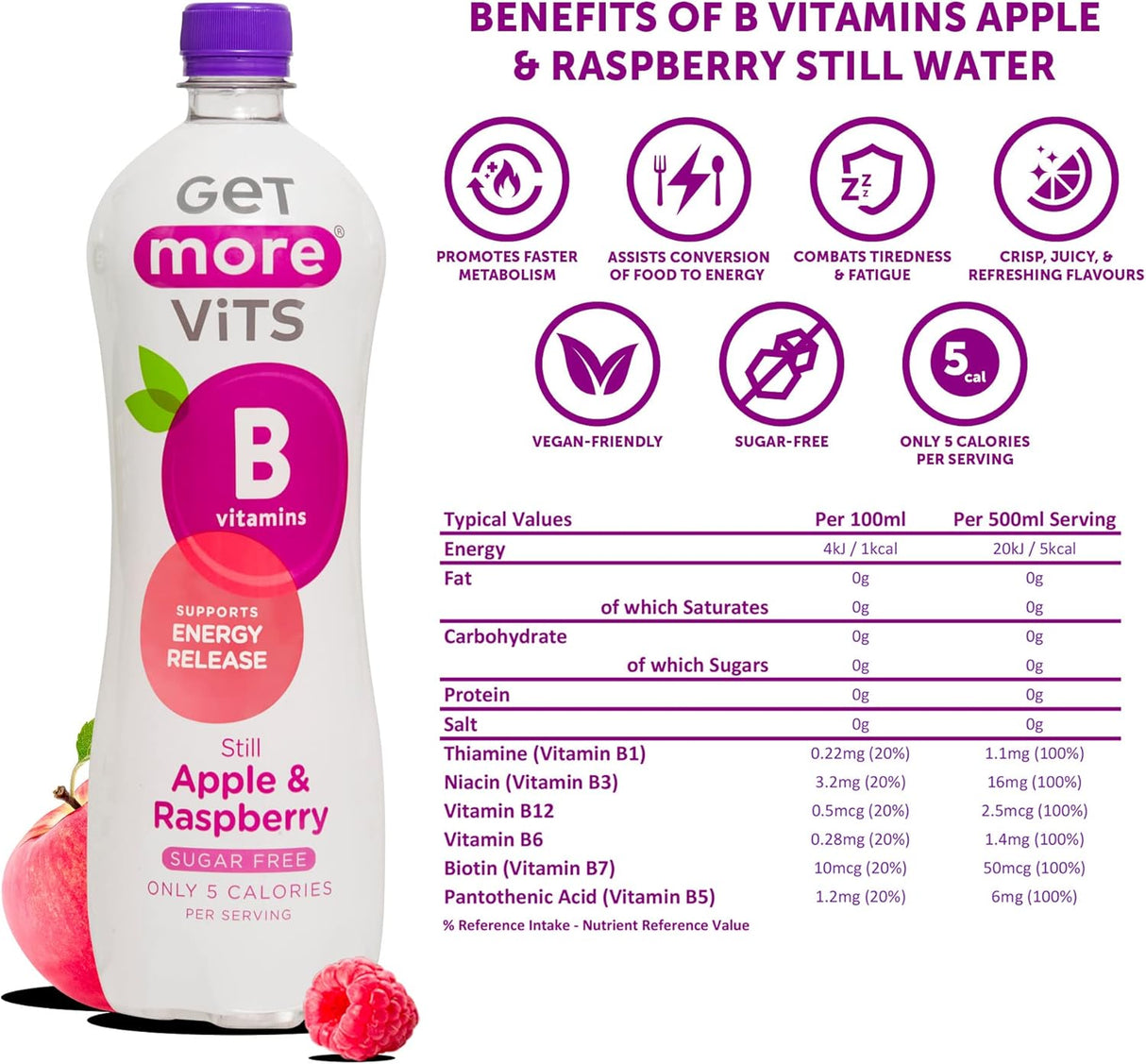 Get More Vits - Vitamin B Still Apple & Raspberry 500ml (12 Pack)