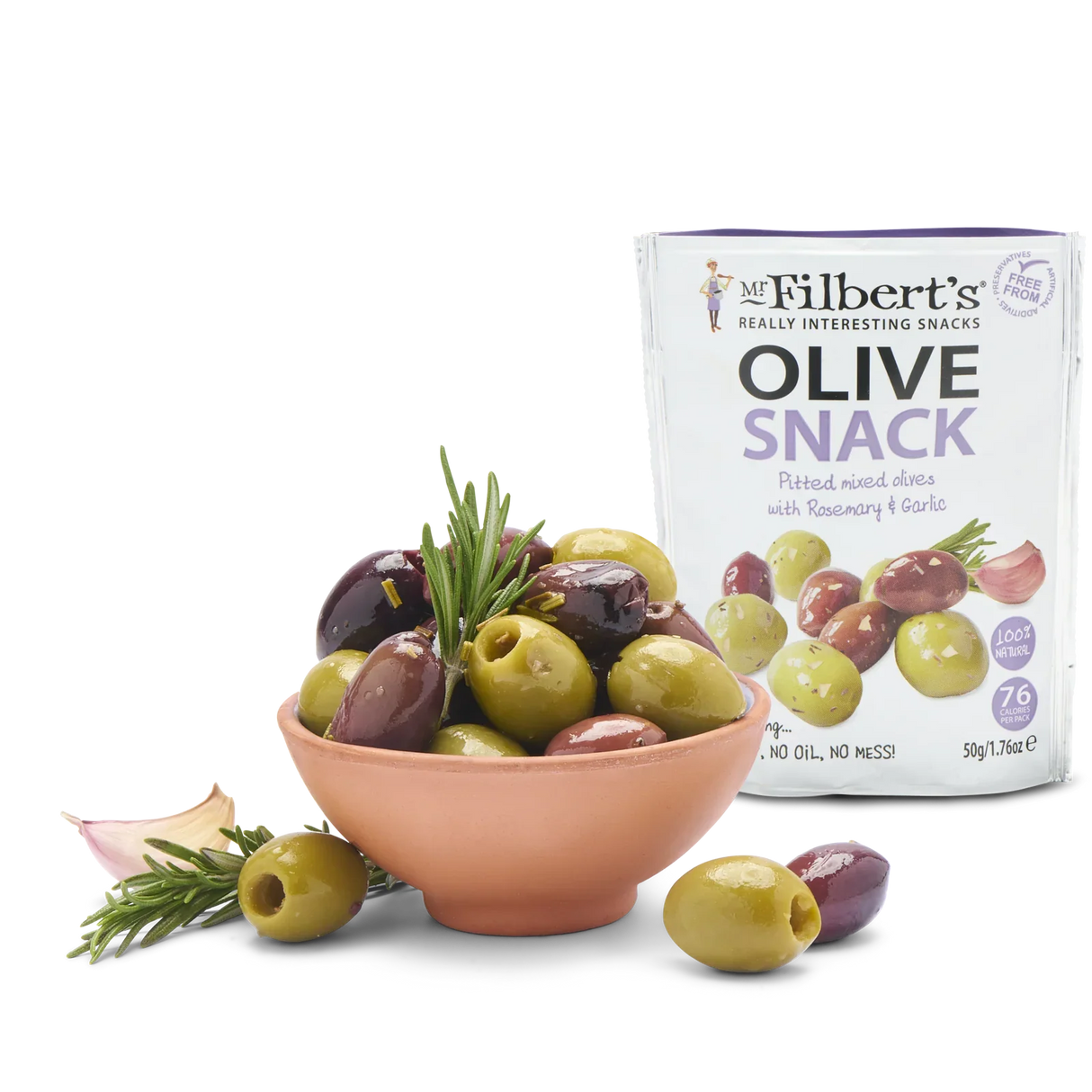 Mr Filbert's Rosemary & Garlic Mixed Olives – 50g (Box of 12)