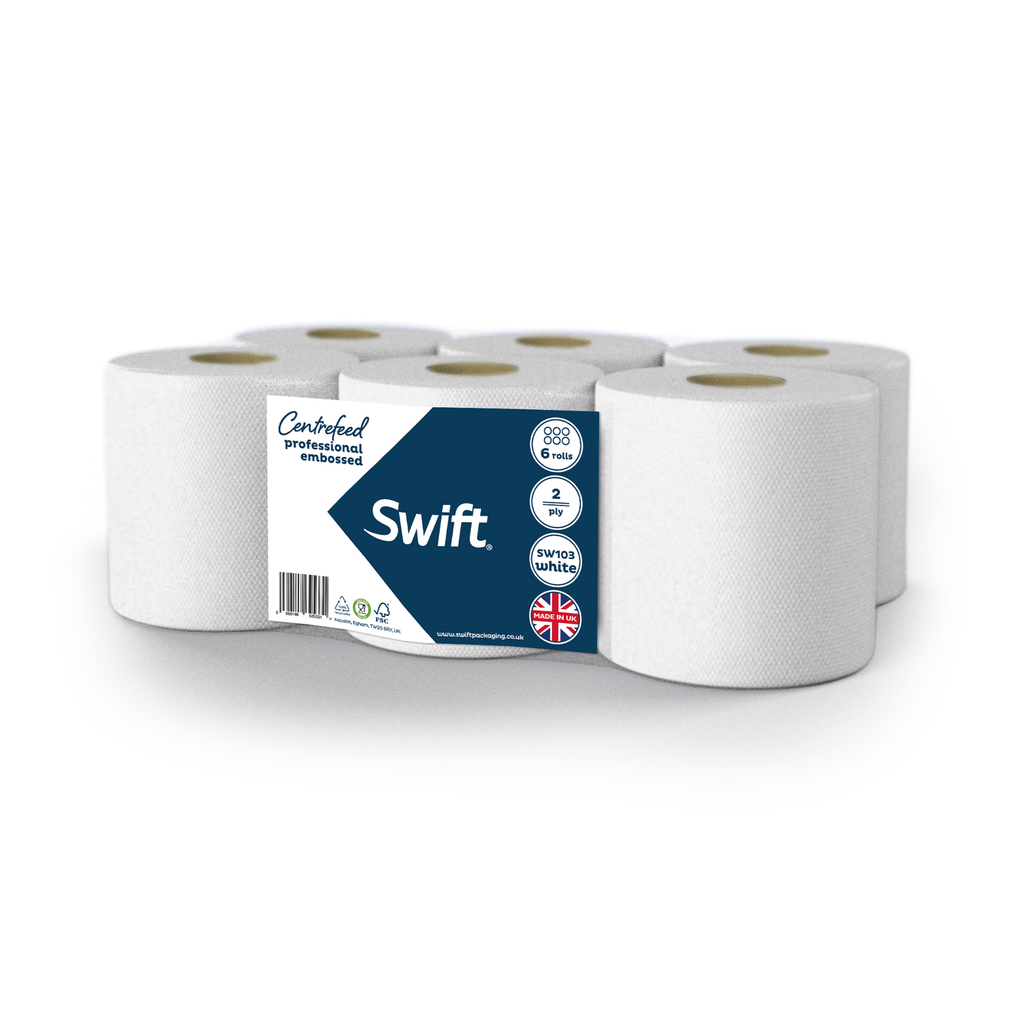 Swift White Embossed 2-Ply Professional Centrefeed Paper Rolls - Pack of 6
