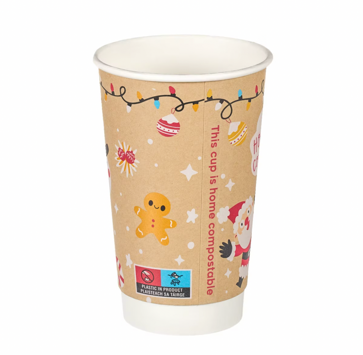 16oz Double Wall Aqueous Lined Compostable Christmas Coffee Takeaway Cups - Festive Design (Box of 500) (Code: XQ04144XM)