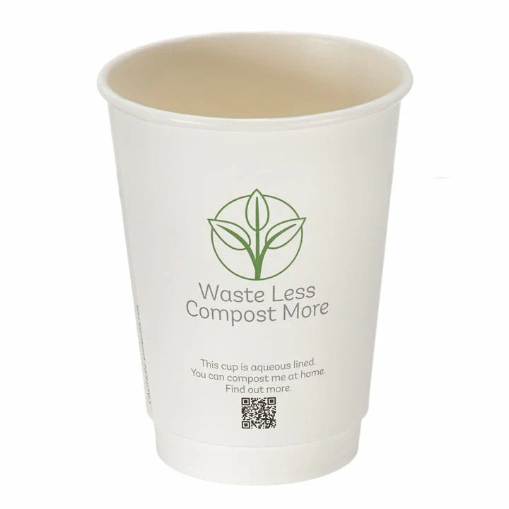 12oz White Double Wall Hot Cup – Aqueous Lined Biodegradable (Case of 500)