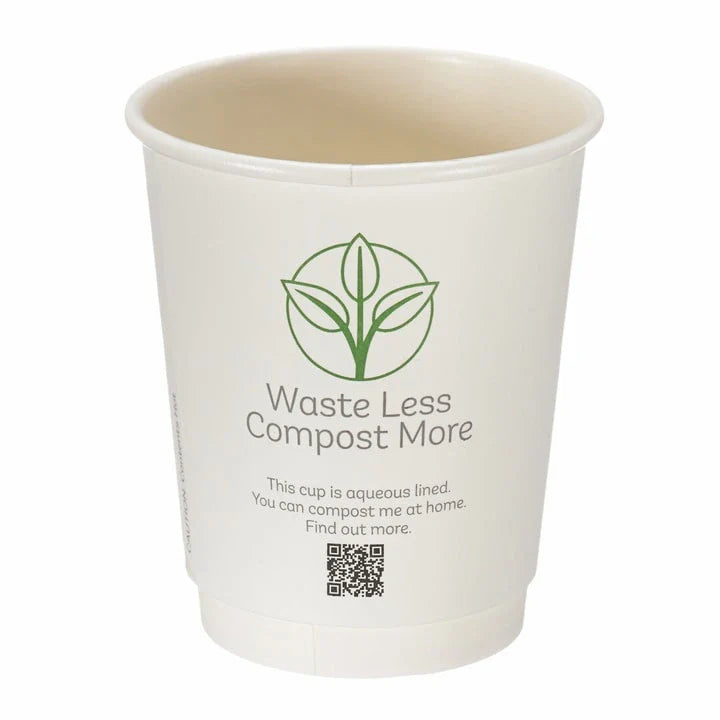 8oz White Double Wall Hot Cup – Aqueous Lined Biodegradable (Box of 500)