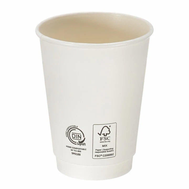 12oz White Double Wall Hot Cup – Aqueous Lined Biodegradable (Case of 500)