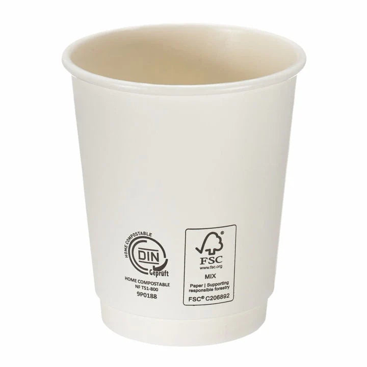 8oz White Double Wall Takeaway Coffee Cups - Aqueous Lined - Case of 500