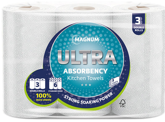 Magnum Ultra Double Kitchen Towel 3-Ply – Pack of 3 Rolls (= 6 Regular Rolls)