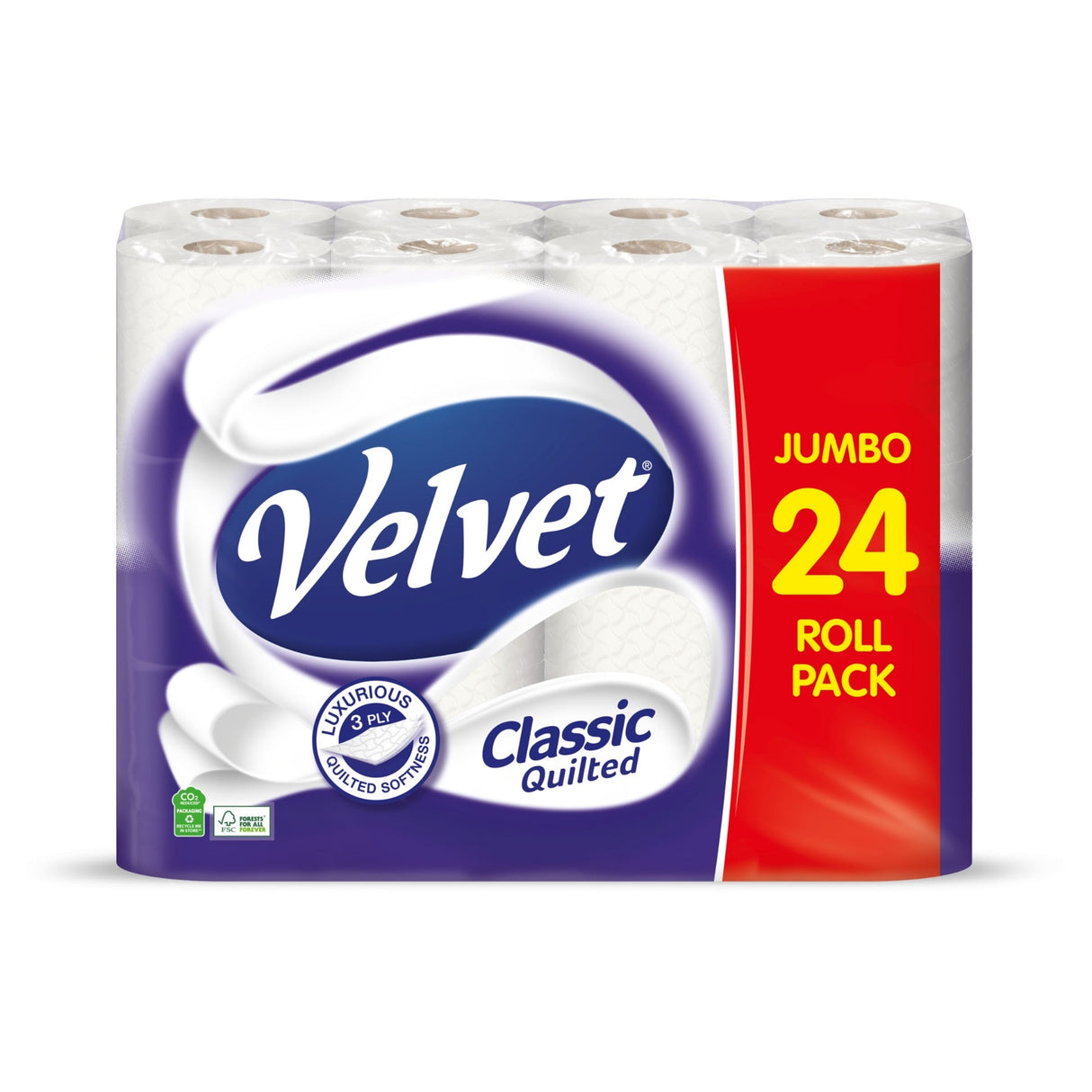 Velvet Classic Quilted Soft Toilet Roll - 3 Ply - Jumbo Pack of 24