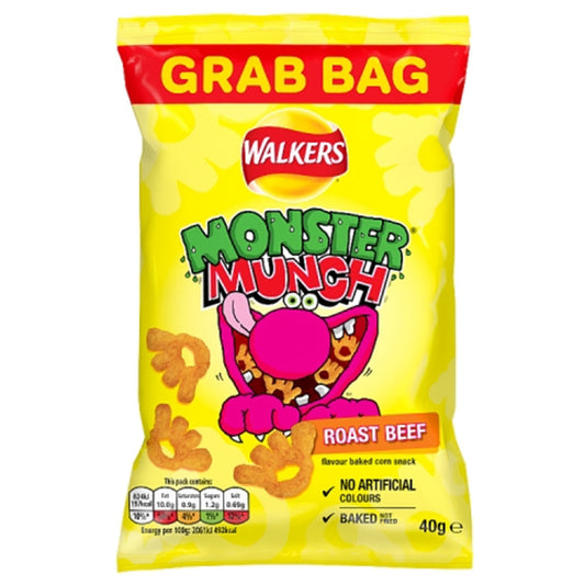 Walkers Monster Munch Roast Beef Snacks Crisps Grab Bag 40g (Box of 35) BEST BEFORE 03/01/26