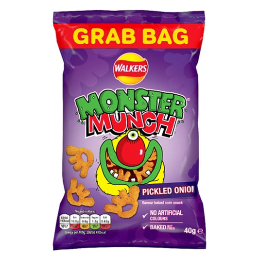Walkers Monster Munch Pickled Onion Snacks Crisps Grab Bag 40g - (Box of 35)