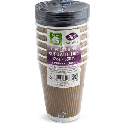 12oz Kraft Ripple Coffee Cups & Lids - Pack of 6