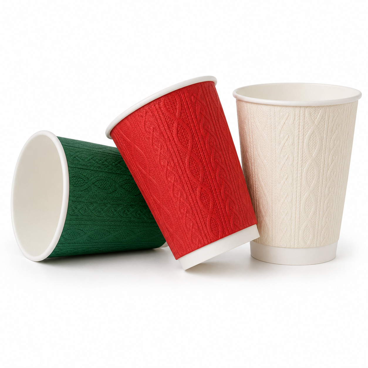 12oz Christmas Double Wall Cable-Knit Embossed Coffee Cups - Mixed Colours - Case of 500