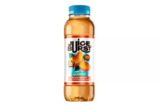 A bottle of Juice Burst Quenot Peach Ice Tea with a blue cap and a white label featuring peach graphics, isolated on a white background.