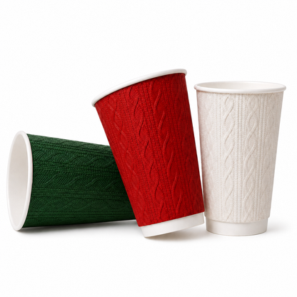16oz Christmas Double Wall Cable-Knit Embossed Coffee Cups - Mixed Colours - Case of 500