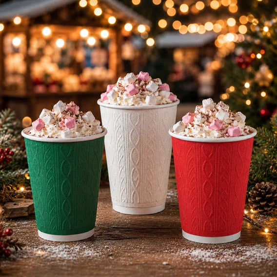 12oz Christmas Double Wall Cable-Knit Embossed Coffee Cups - Mixed Colours - Case of 500