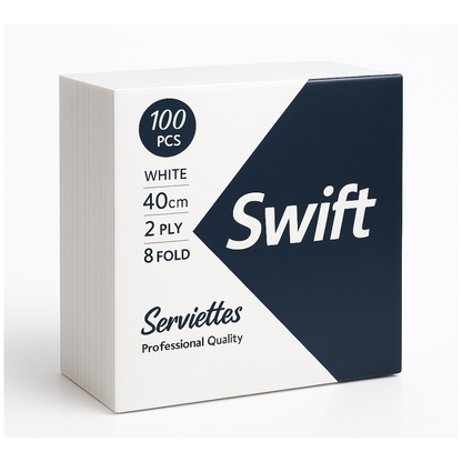 Swift 40cm White Serviettes 2-Ply 8-Fold Napkins - Pack of 100