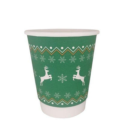 8oz Double Wall Christmas Coffee Takeaway Cups - Full Case of 500 (Green Reindeer Christmas Design) - Vending Superstore