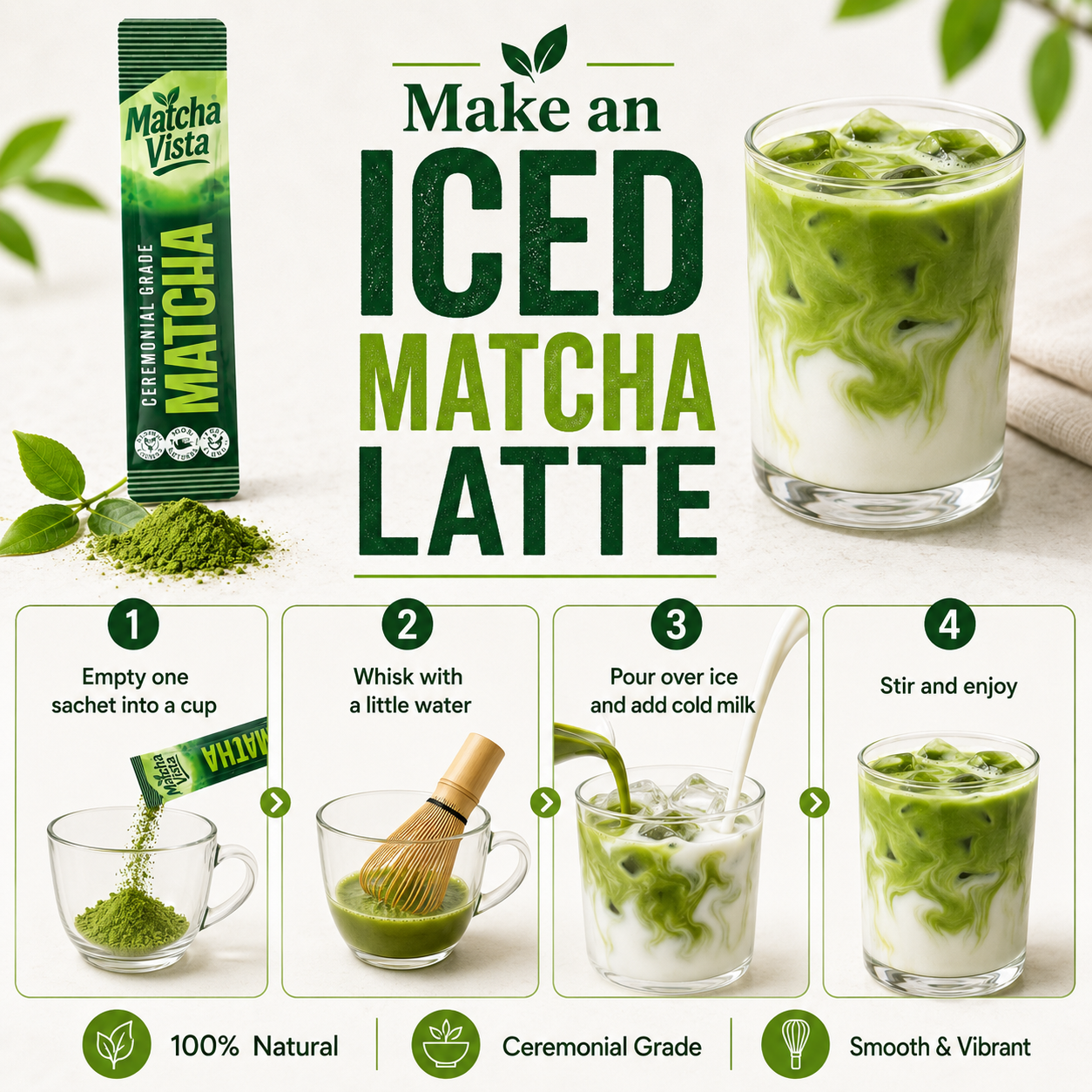 Matcha Vista Ceremonial Grade Matcha Powder 2g Sachet Portions - Pack of 100