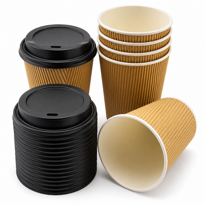12oz Kraft Ripple Coffee Cups & Lids - Pack of 6