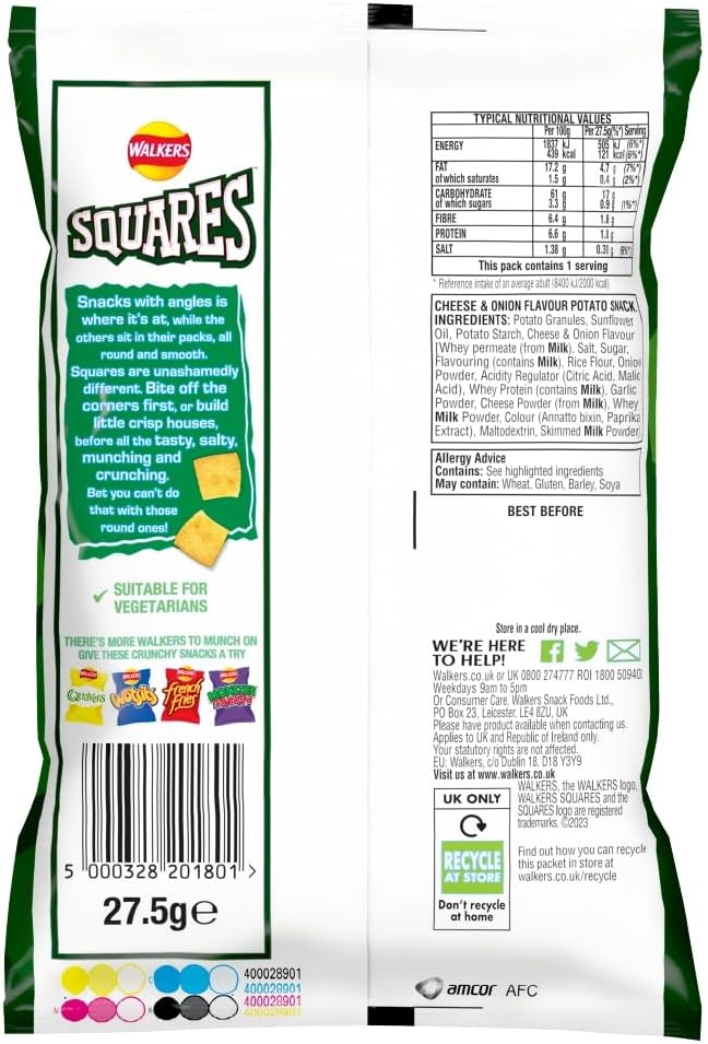 Walkers Squares Cheese & Onion Crisps 27.5g - (Box of 32)