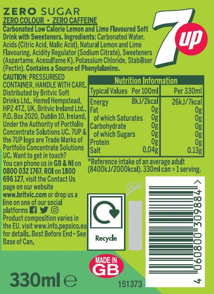 7UP Zero Sugar - 330ml Cans (Case of 24)