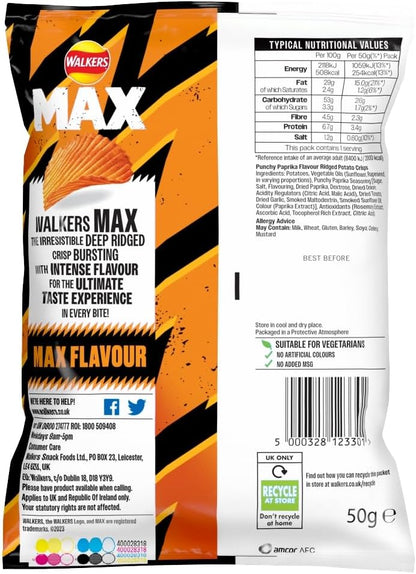 Walkers Max Punchy Paprika Crisps 50g (Box of 24)