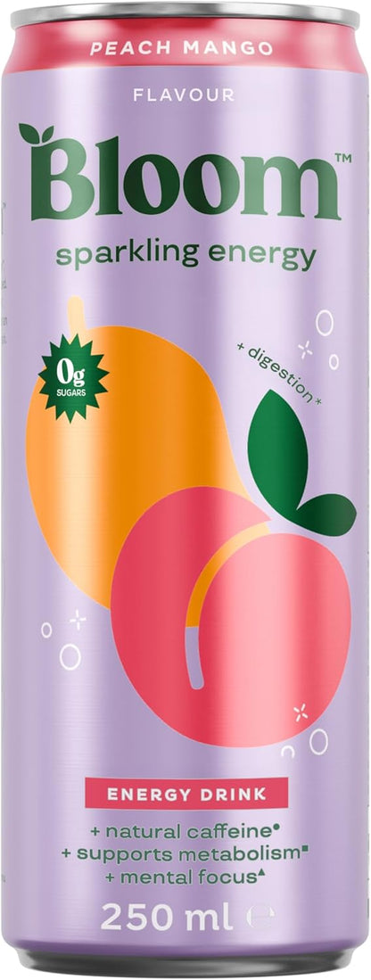 Bloom Sparkling Energy Drink Peach Mango - 250ml Can (Pack of 12)