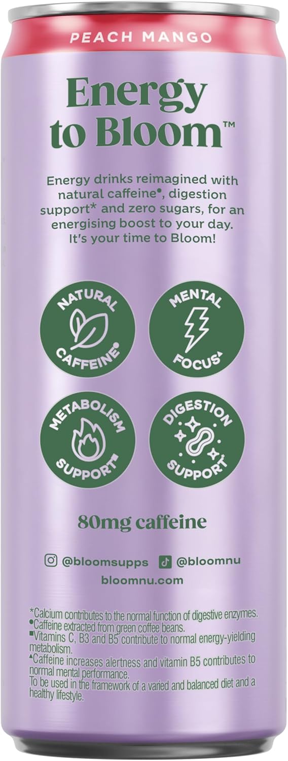 Bloom Sparkling Energy Drink Peach Mango - 250ml Can (Pack of 12)