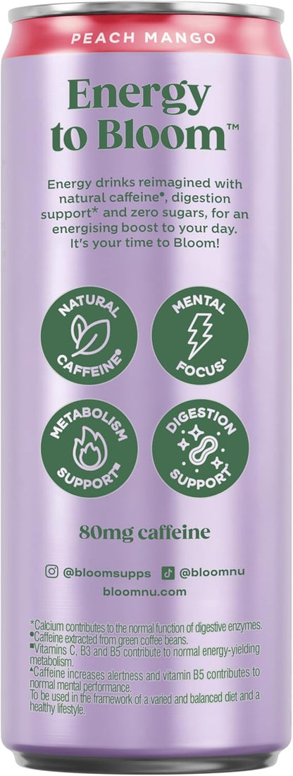 Bloom Sparkling Energy Drink Peach Mango - 250ml Can (Pack of 12)