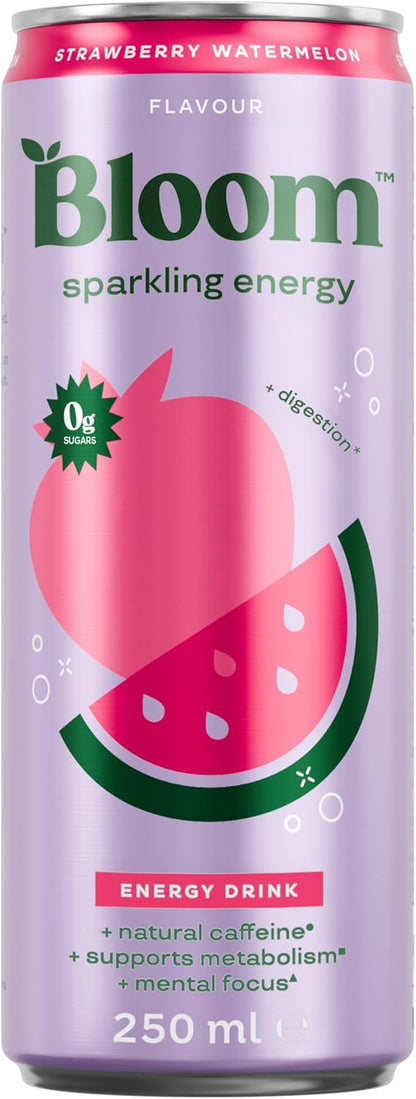 Bloom Sparkling Energy Drink Strawberry Watermelon - 250ml Can (Pack of 12)