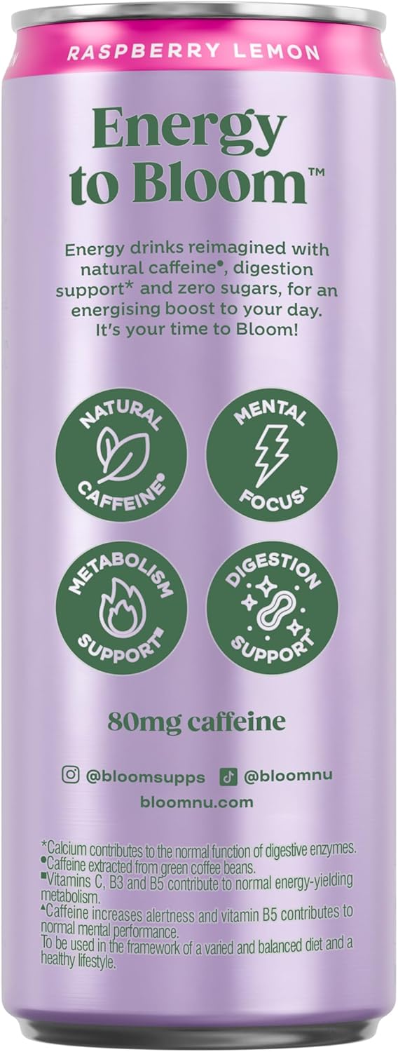 Bloom Sparkling Energy Drink Raspberry Lemonade - 250ml Can (Pack of 12)