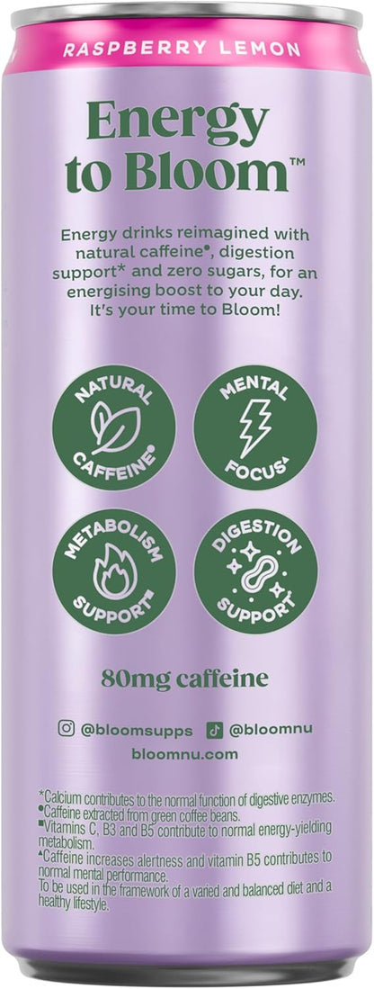Bloom Sparkling Energy Drink Raspberry Lemonade - 250ml Can (Pack of 12)