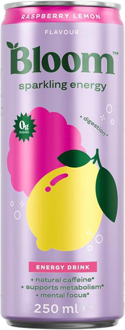 Bloom Sparkling Energy Drink Raspberry Lemonade - 250ml Can (Pack of 12)