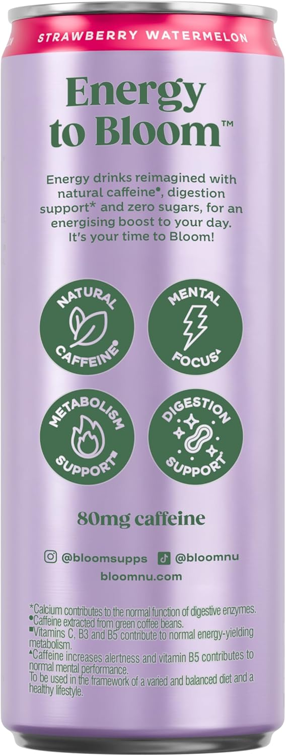 Bloom Sparkling Energy Drink Strawberry Watermelon - 250ml Can (Pack of 12)