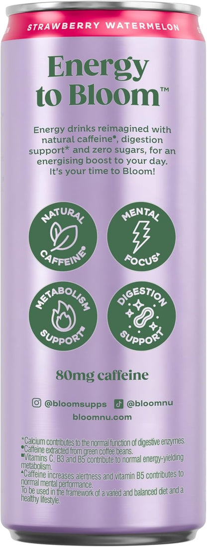 Bloom Sparkling Energy Drink Strawberry Watermelon - 250ml Can (Pack of 12)