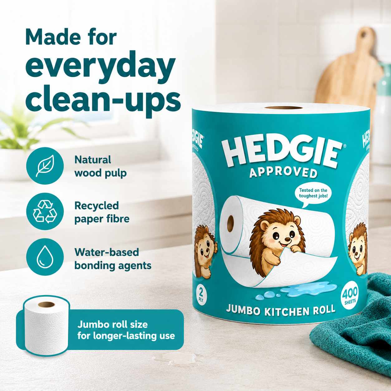 Hedgie Jumbo Kitchen Roll 2Ply - Single Roll 400 Sheets