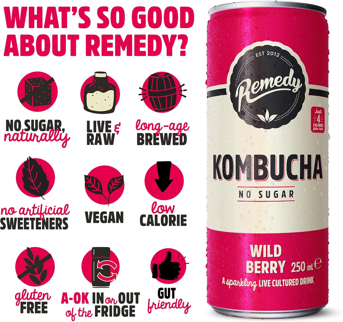 Remedy Kombucha Wild Berry - 250ml Cans (Pack of 12)