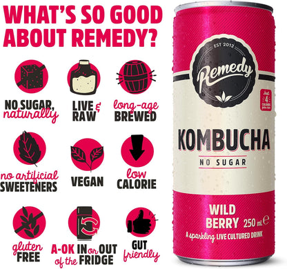 Remedy Kombucha Wild Berry - 250ml Cans (Pack of 12)