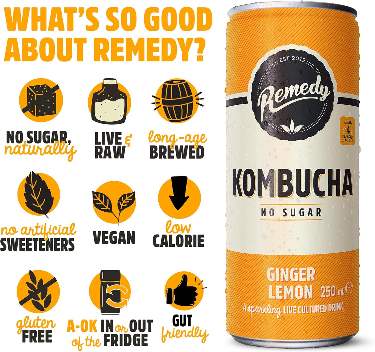 Remedy Kombucha Ginger Lemon - 250ml Cans (Pack of 12)