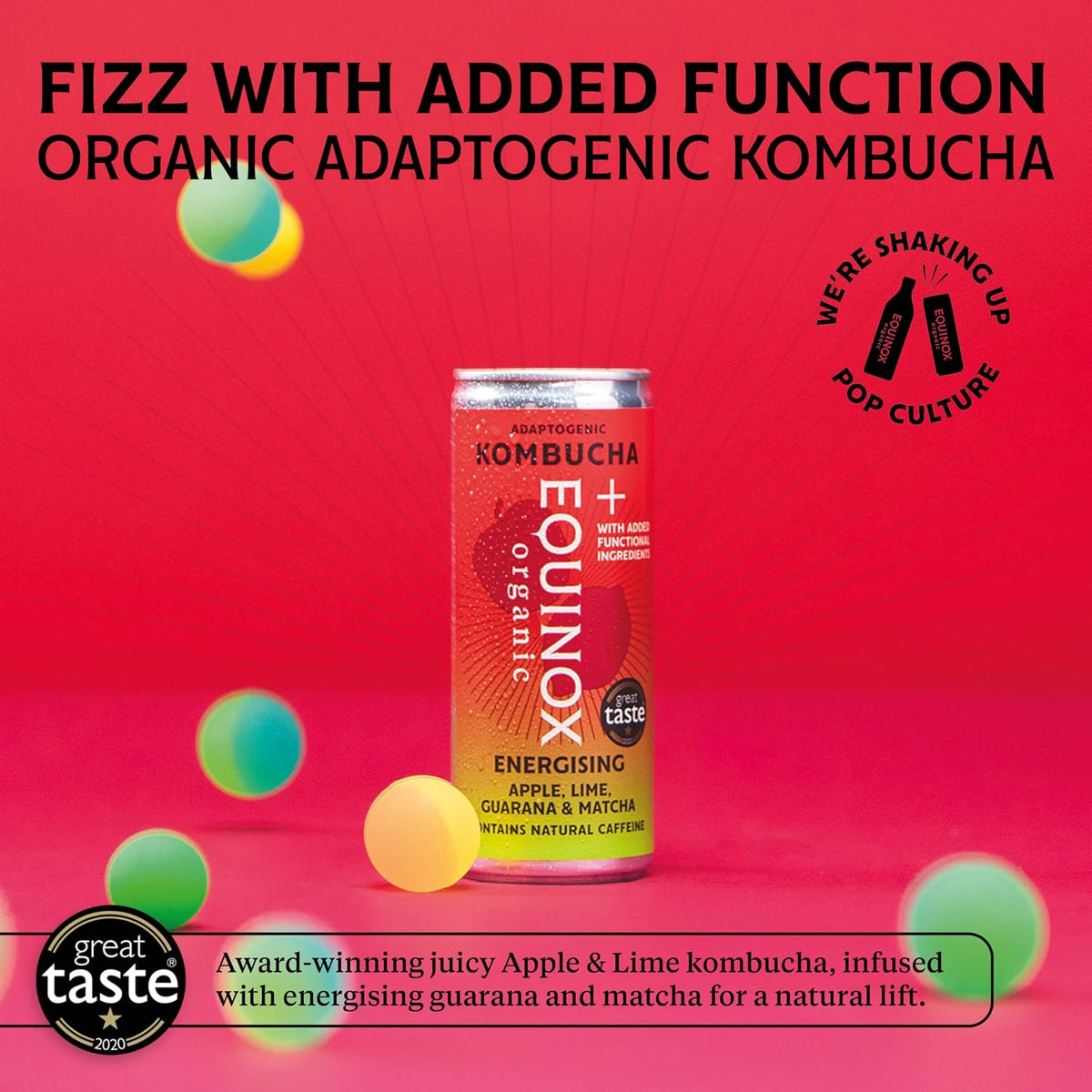 Equinox Organic Apple Lime Guarana and Matcha Kombucha Energy Drink 250ml - Case of 12