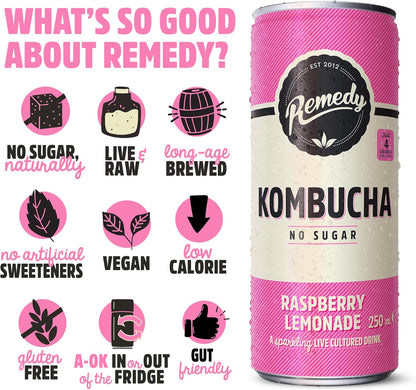 Remedy Kombucha Raspberry Lemonade - 250ml Cans (Pack of 12)