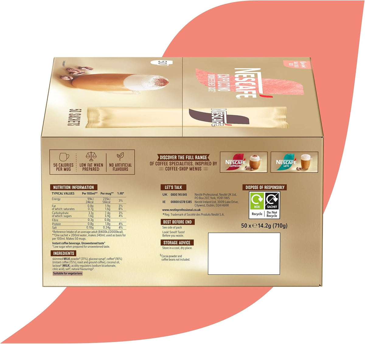Nescafé Gold Cappuccino Unsweetened Taste Sachets - Box of 50
