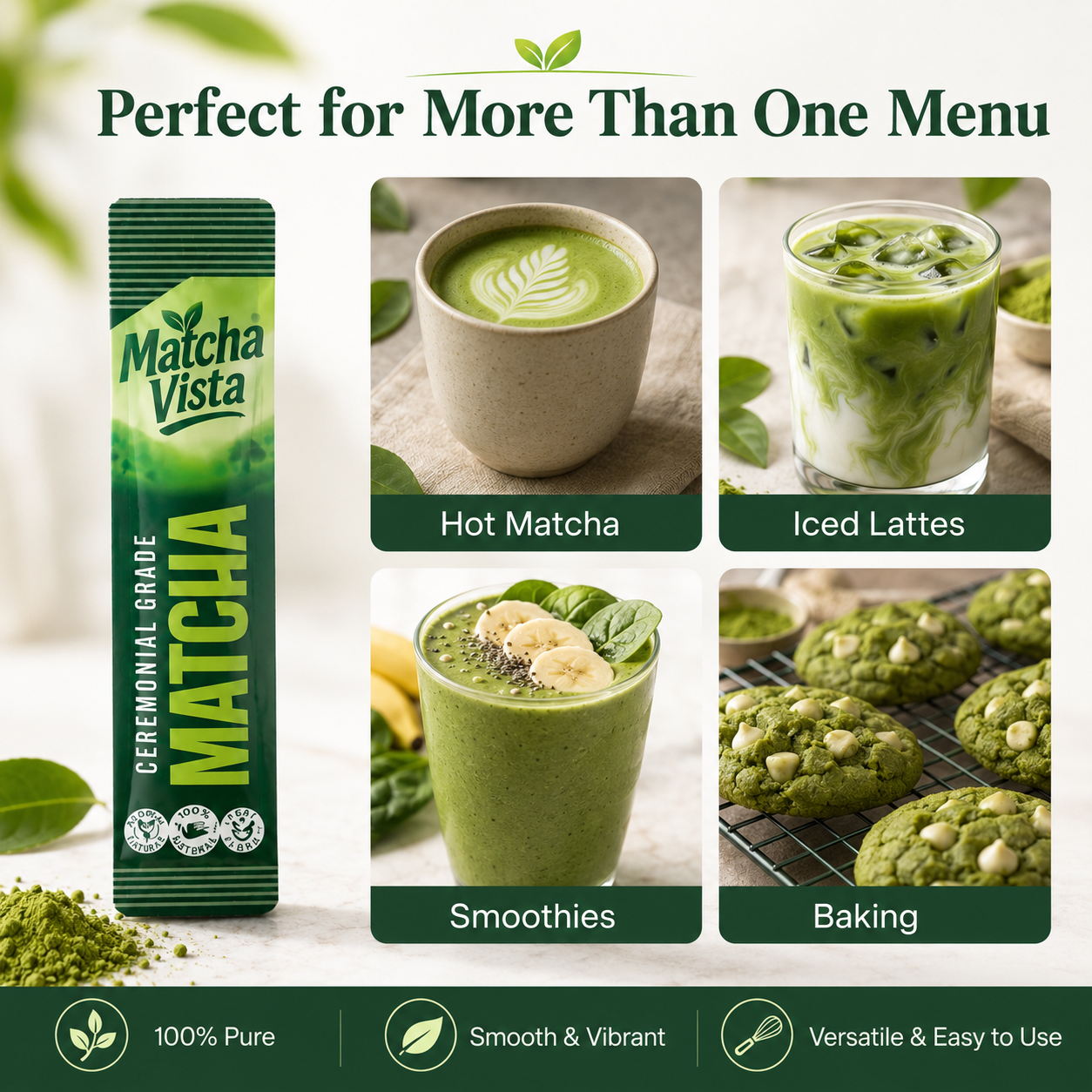 Matcha Vista Ceremonial Grade Matcha Powder 2g Sachet Portions - Pack of 100