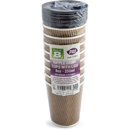 8oz Kraft Ripple Coffee Cups & Lids - Pack of 8