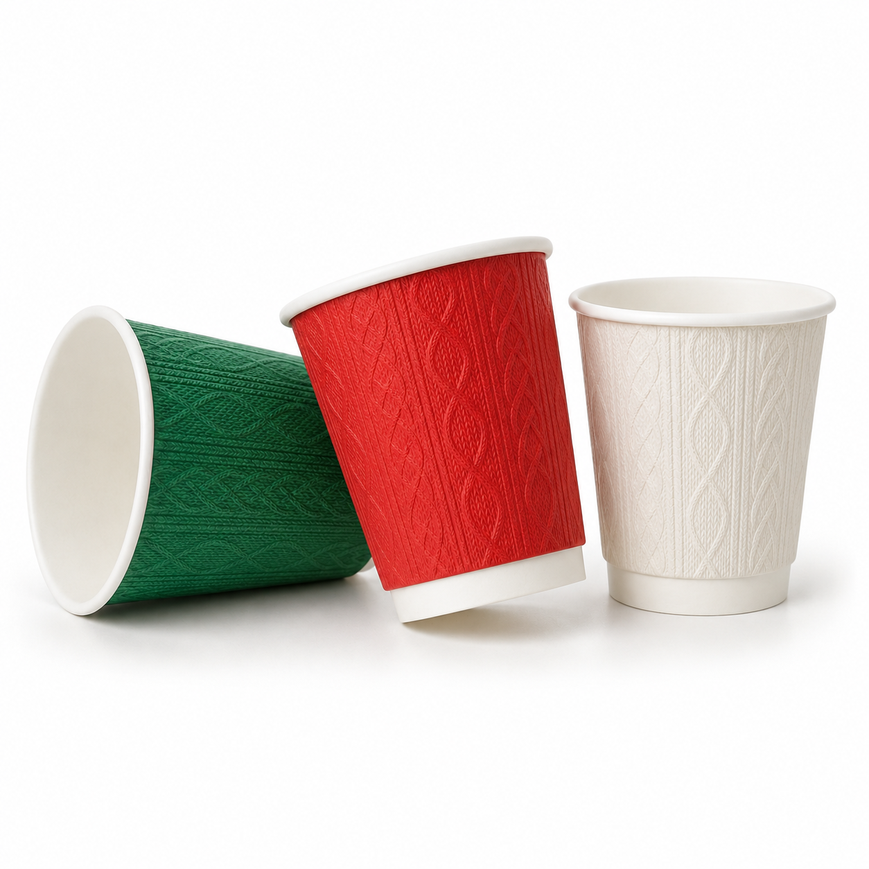 8oz Christmas Double Wall Cable-Knit Embossed Coffee Cups - Mixed Colours - Case of 500