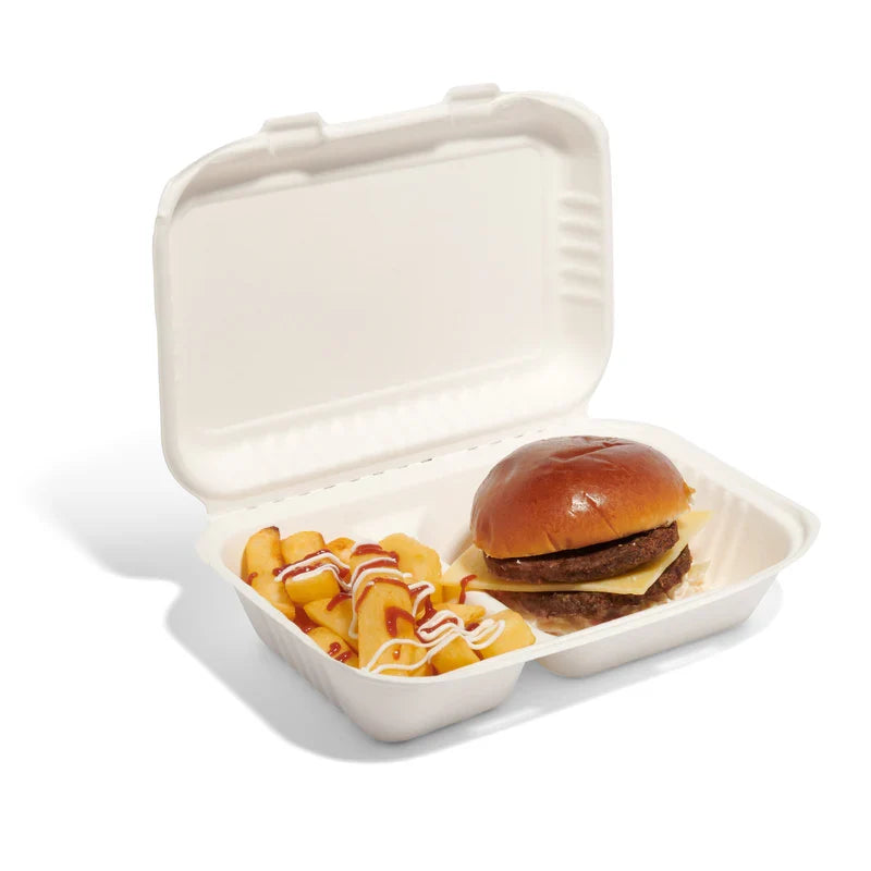 Two-Compartment Bagasse Clamshell Meal Boxes 9"x6" - Case of 200